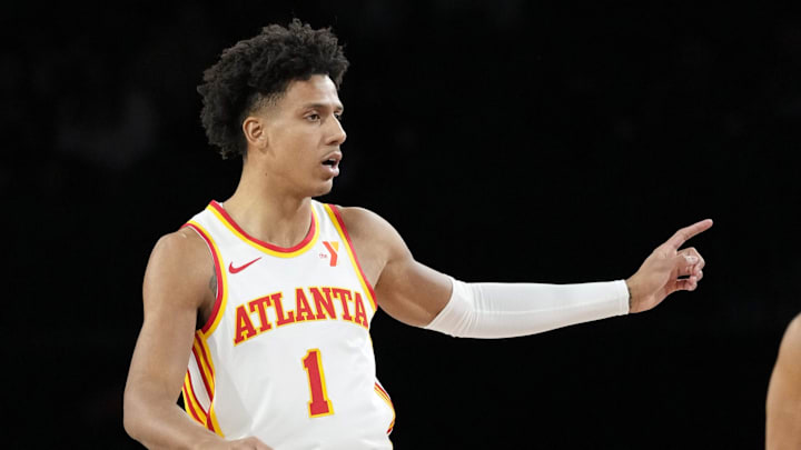 Atlanta Hawks forward Jalen Johnson reacts during the first quarter against the Milwaukee Bucks
