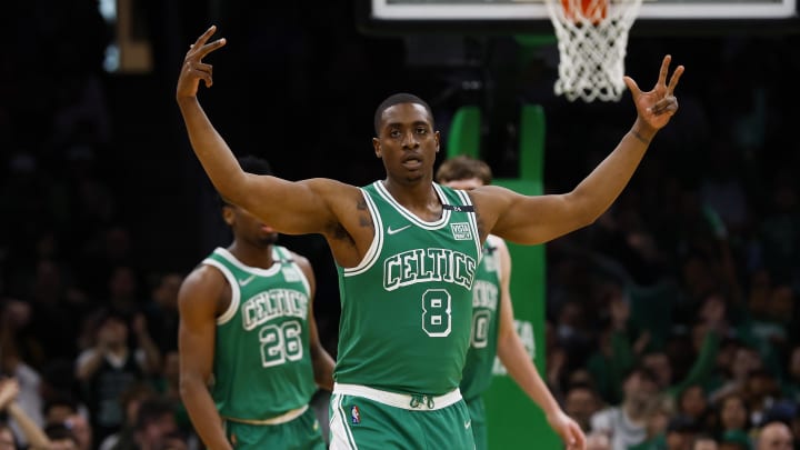 Boston, Massachusetts, USA; Boston Celtics forward Malik Fitts (8) celebrates after a three point basket during the second half against the Washington Wizards at TD Garden. Mandatory Credit: