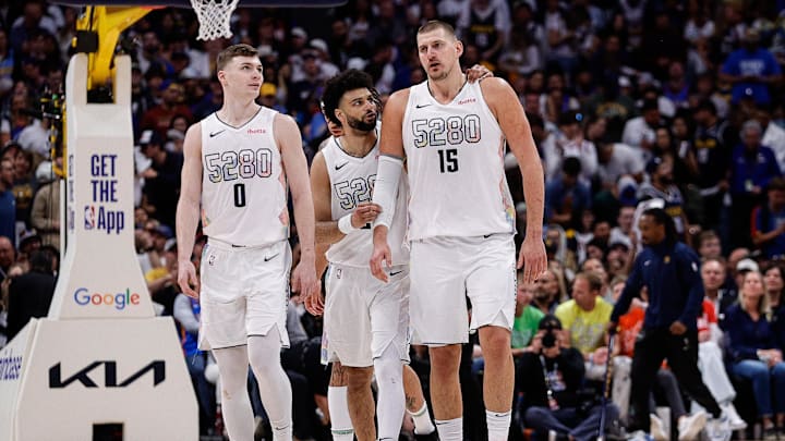 Christian Braun, Jamal Murray and Nikola Jokic during the Nuggets loss to the Thunder.