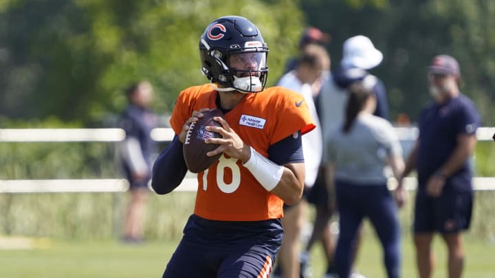 Jul 27, 2024; Lake Forest, IL, USA; Chicago Bears quarterback Caleb Williams (18) throws  a pass during Chicago Bears Training Camp at Halas Hall. Mandatory Credit: David Banks-USA TODAY Sports