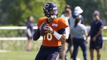 Jul 27, 2024; Lake Forest, IL, USA; Chicago Bears quarterback Caleb Williams (18) throws a pass during Chicago Bears Training Camp at Halas Hall.