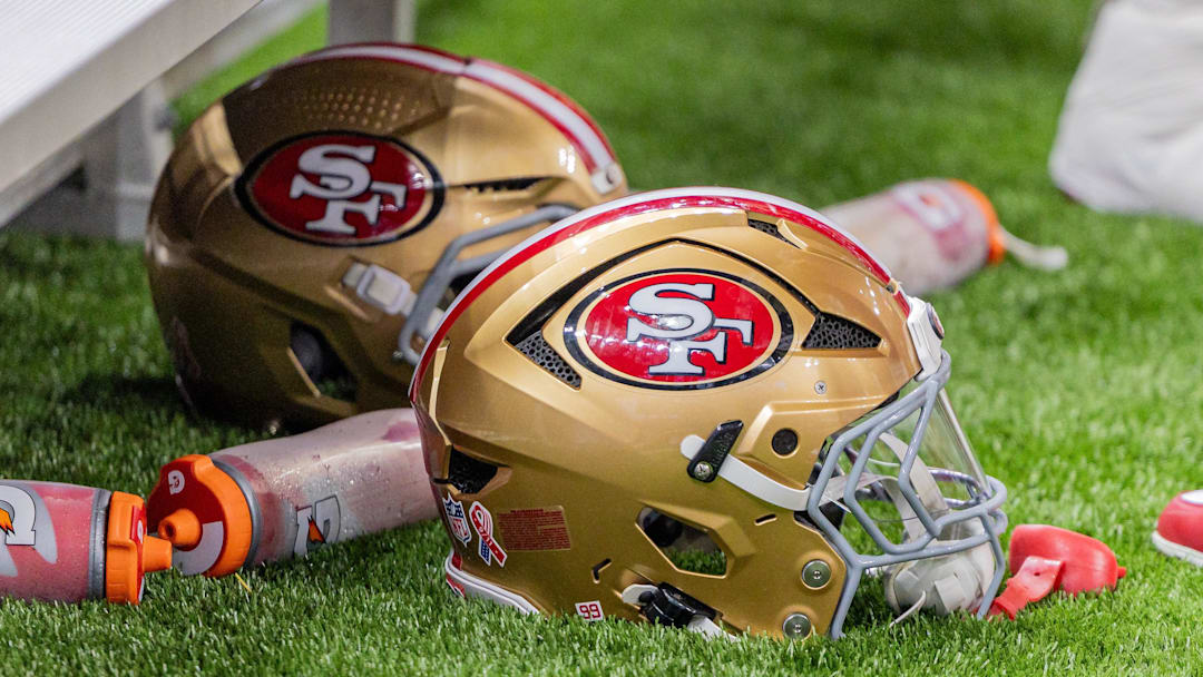 Sep 14, 2025; New Orleans, Louisiana, USA;  Detailed view of the San Francisco 49ers helmets against the New Orleans Saints during the first half at Caesars Superdome. Mandatory Credit: Stephen Lew-Imagn Images