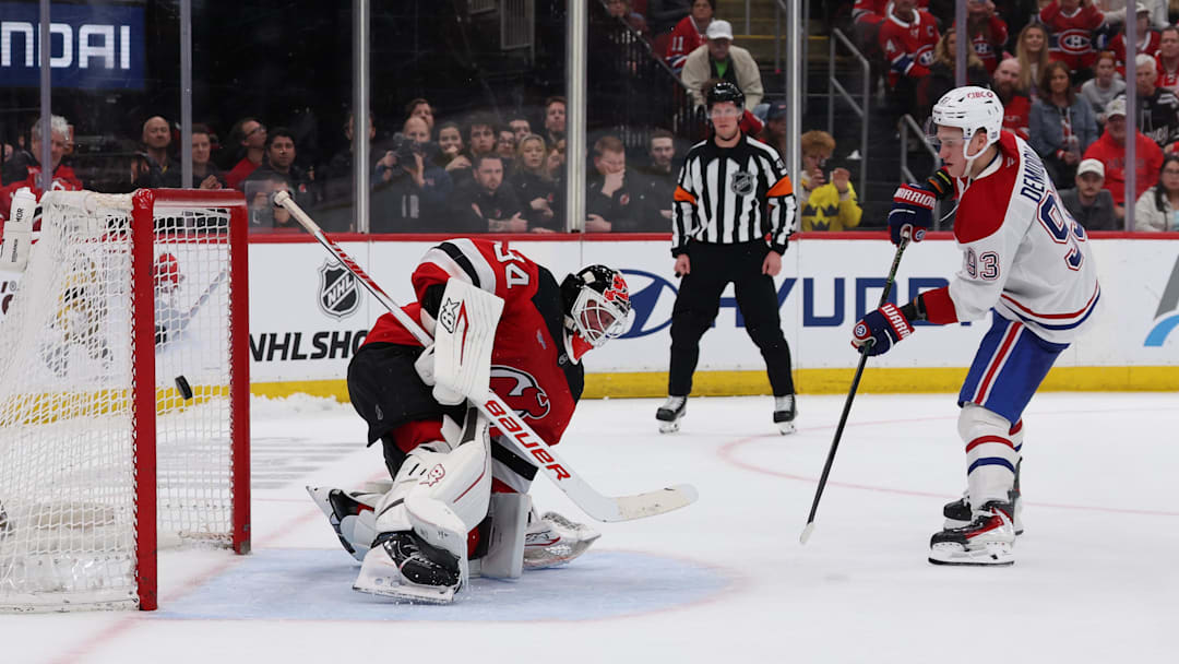 Apr 4, 2026; Newark, New Jersey, USA; Montréal Canadiens right wing Ivan Demidov (93) scores in the penalty shootout against the New Jersey Devils during overtime at Prudential Center. Mandatory Credit: Thomas Salus-Imagn Images