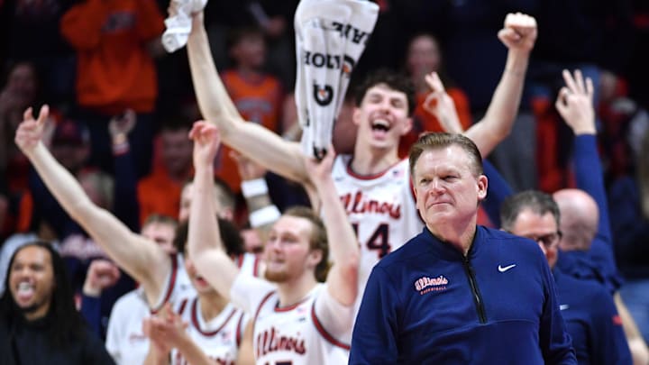 Mar 3, 2026; Champaign, Illinois, USA;  Illinois Fighting Illini head coach Brad Underwood celebrates an 80-54 win against the Oregon Ducks at State Farm Center. Mandatory Credit: Ron Johnson-Imagn Images