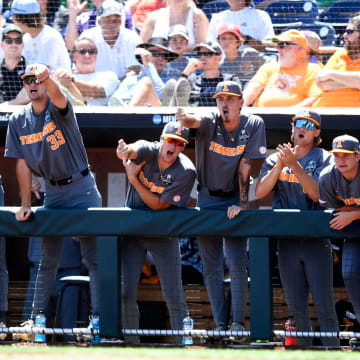 The Tennessee dugout celebrating after the game it tied against Stanford during the NCAA Baseball College World Series in Omaha, Nebraska, on Monday, June 19, 2023.