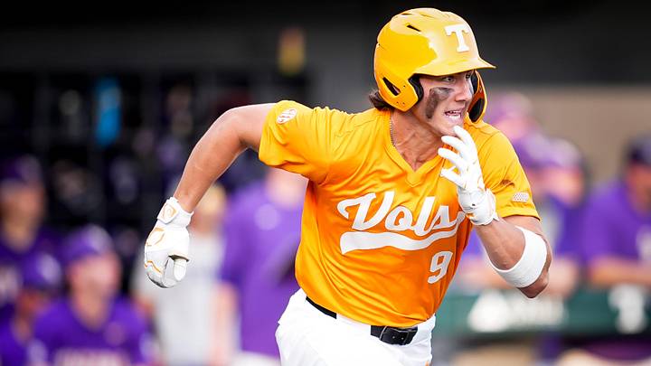 Tennessee's Henry Ford (9) runs to first base during a college baseball game between Tennessee and LSU at Lindsey Nelson Stadium in Knoxville, Tennessee., on April 3, 2026.