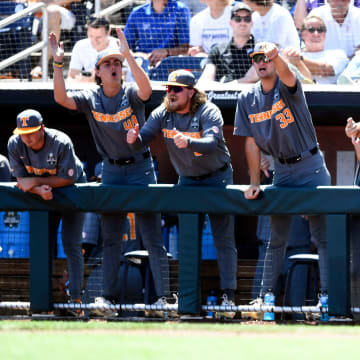 The Tennessee dugout celebrating after the game it tied against Stanford during the NCAA Baseball College World Series in Omaha, Nebraska, on Monday, June 19, 2023.