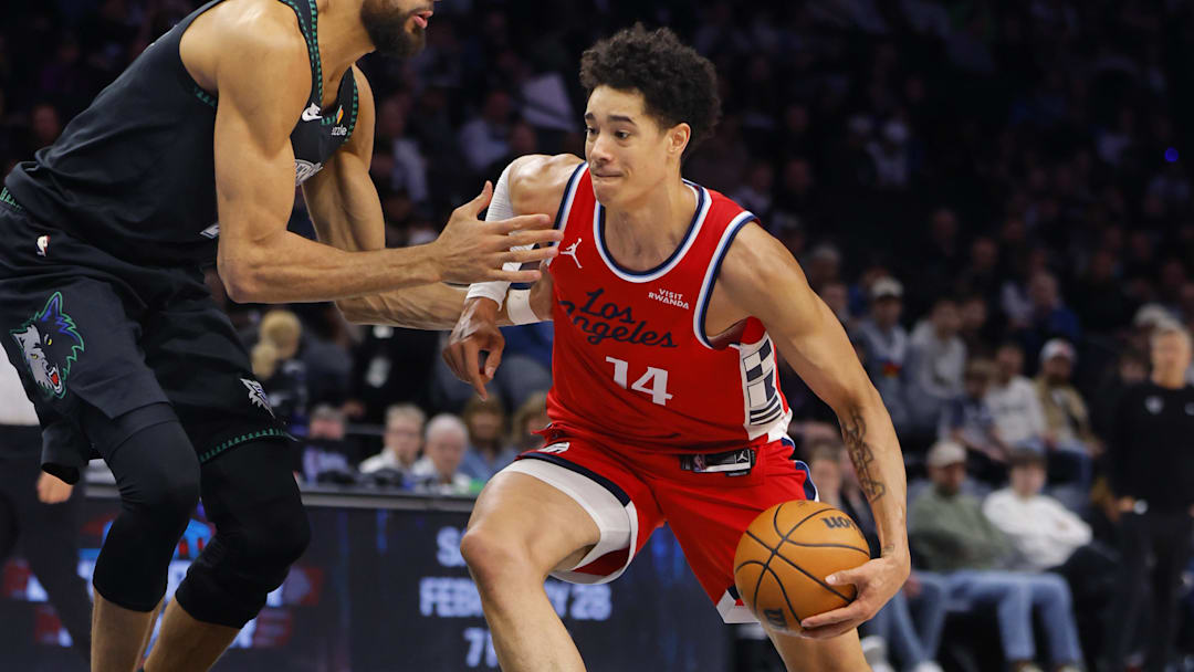 Feb 8, 2026; Minneapolis, Minnesota, USA; Los Angeles Clippers center Yanic Konan Niederhauser (14) goes to the basket against Minnesota Timberwolves center Rudy Gobert (27) in the fourth quarter at Target Center. Mandatory Credit: Bruce Kluckhohn-Imagn Images Feb 8, 2026; Minneapolis, Minnesota, USA; Los Angeles Clippers center Yanic Konan Niederhauser (14) goes to the basket against Minnesota Timberwolves center Rudy Gobert (27) in the fourth quarter at Target Center. Mandatory Credit: Bruce Kluckhohn-Imagn Images