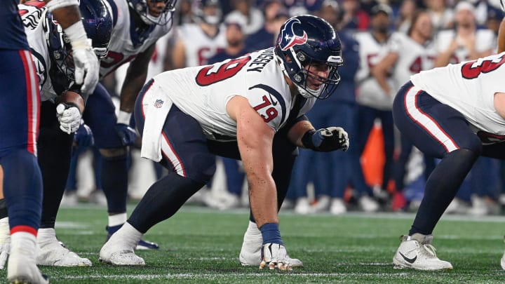 Aug 10, 2023; Foxborough, Massachusetts, USA; Houston Texans center Jimmy Morrissey (79) lines up against the New England Patriots during the second half at Gillette Stadium. 