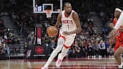 Oct 29, 2025; Toronto, Ontario, CAN; Houston Rockets forward Kevin Durant (7) dribbles the ball against the Toronto Raptors during the second half at Scotiabank Arena. Mandatory Credit: John E. Sokolowski-Imagn Images
