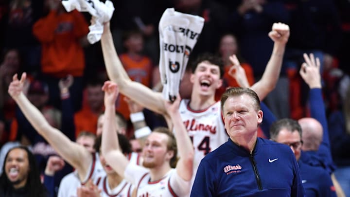 Mar 3, 2026; Champaign, Illinois, USA;  Illinois Fighting Illini head coach Brad Underwood celebrates an 80-54 win against the Oregon Ducks at State Farm Center. Mandatory Credit: Ron Johnson-Imagn Images