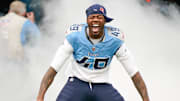 Tennessee Titans linebacker Arden Key (49) takes the field against the Jacksonville Jaguars at Nissan Stadium in Nashville, Tenn., Sunday, Dec. 8, 2024.
