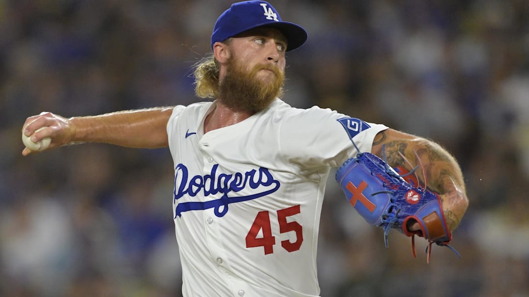Jun 16, 2025; Los Angeles, California, USA;  Los Angeles Dodgers relief pitcher Michael Kopech (45) delivers to the plate in the seventh inning against the San Diego Padres at Dodger Stadium. Mandatory Credit: Jayne Kamin-Oncea-Imagn Images