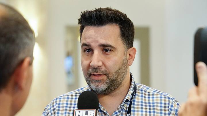 Nov 9, 2022; Las Vegas, NV, USA; Atlanta Braves general manager Alex Anthopoulos answers questions from the media during the MLB GM Meetings at The Conrad Las Vegas. Mandatory Credit: Lucas Peltier-Imagn Images