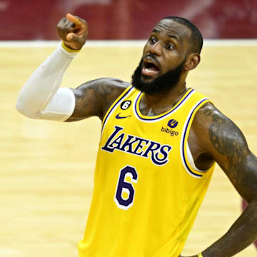 Dec 6, 2022; Cleveland, Ohio, USA; Los Angeles Lakers forward LeBron James (6) reacts in the fourth quarter against the Cleveland Cavaliers at Rocket Mortgage FieldHouse. Mandatory Credit: David Richard-Imagn Images