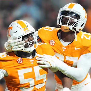 Tennessee’s Tennessee defensive lineman James Pearce Jr. (27) celebraes Tennessee defensive lineman Omarr Norman-Lott’s (55) sack during an NCAA college football game between Tennessee and Mississippi State at Neyland Stadium in Knoxville, Tenn., Saturday, Nov. 9, 2024. (A nice clean celebration shot.)