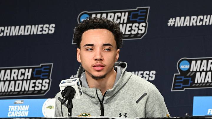 Mar 18, 2026; Buffalo, NY, USA; North Dakota State Bison guard Trevian Carson (0) speaks to the media before a practice session ahead of the first round of the men's 2026 NCAA Tournament at KeyBank Center. Mandatory Credit: Mark Konezny-Imagn Images