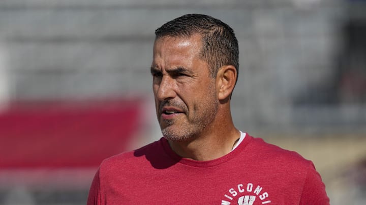 Sep 20, 2025; Madison, Wisconsin, USA; Wisconsin Badgers head coach Luke Fickell looks on during warmups prior to the game against the Maryland Terrapins at Camp Randall Stadium. Mandatory Credit: Jeff Hanisch-Imagn Images Sep 20, 2025; Madison, Wisconsin, USA; Wisconsin Badgers head coach Luke Fickell looks on during warmups prior to the game against the Maryland Terrapins at Camp Randall Stadium. Mandatory Credit: Jeff Hanisch-Imagn Images