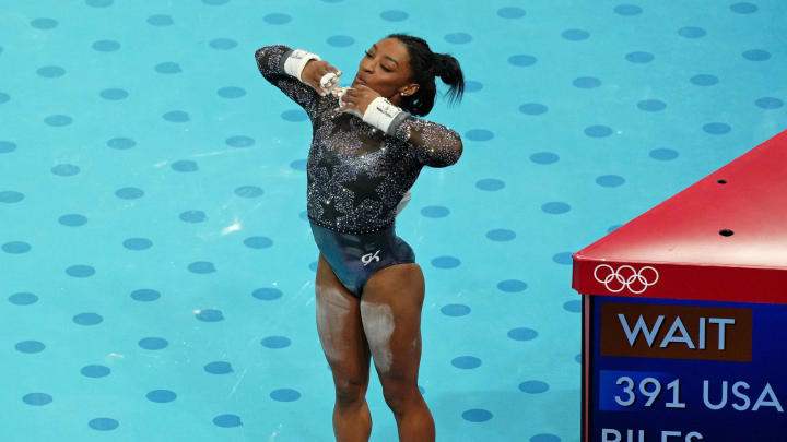 Simone Biles of the United States after performing on the uneven bars in womenís qualification during the Paris 2024 Olympic Summer Games at Bercy Arena. 