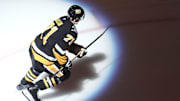 Mar 18, 2025; Pittsburgh, Pennsylvania, USA;  Pittsburgh Penguins center Evgeni Malkin (71) takes the ice against the New York Islanders at PPG Paints Arena. Mandatory Credit: Charles LeClaire-Imagn Images