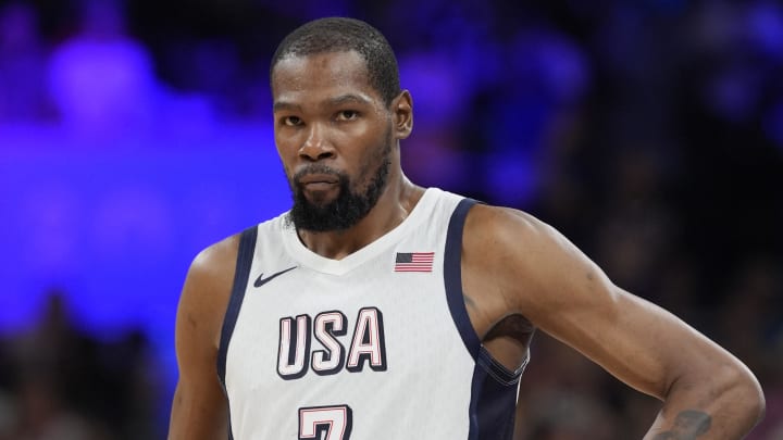 United States star Kevin Durant looks on during a game against South Sudan in the 2024 Olympics.