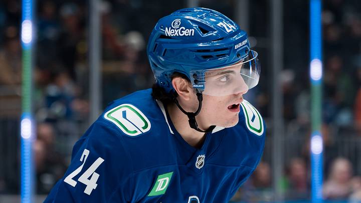 Apr 14, 2026; Vancouver, British Columbia, CAN; Vancouver Canucks defenseman Zeev Buium (24) skates in warm up prior to a game against the Los Angeles Kings at Rogers Arena. Mandatory Credit: Bob Frid-Imagn Images