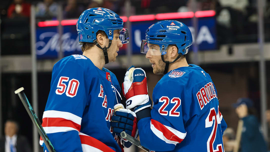 Apr 5, 2026; New York, New York, USA; New York Rangers center Jonny Brodzinski (22) talks with left wing Will Cuylle (50) during the second period against the Washington Capitals at Madison Square Garden. Mandatory Credit: Danny Wild-Imagn Images