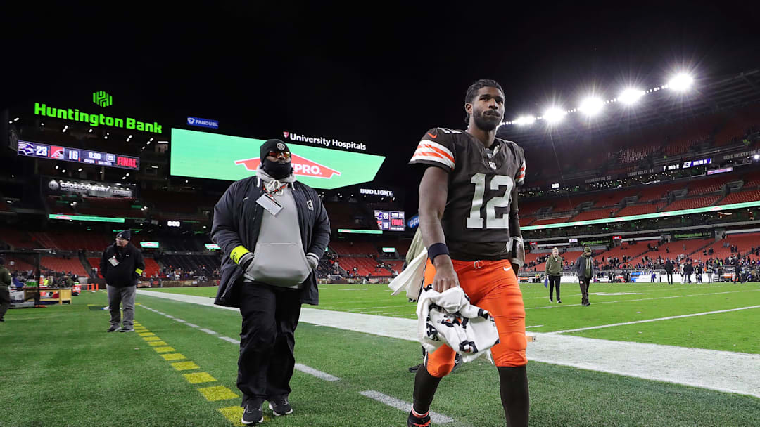 Cleveland Browns quarterback Shedeur Sanders (12) heads back to the locker room following a 23-16 loss to the Baltimore Ravens in his first NFL football game at Huntington Bank Field, Nov. 16, 2025, in Cleveland, Ohio.