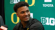 Oregon tight end Kenyon Sadiq talks with reporters during Oregon football’s Media Day on July 28, 2025, at Autzen Stadium in Eugene.