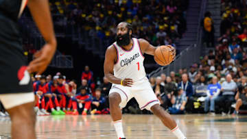 Oct 11, 2024; Seattle, Washington, USA; Los Angeles Clippers guard James Harden (1) dribbles the ball during the first half at Climate Pledge Arena. Mandatory Credit: Steven Bisig-Imagn Images