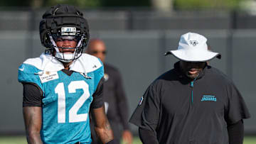 Jacksonville Jaguars wide receiver Travis Hunter (12) wore a towel around his neck during the Jaguars 14th NFL training camp session at Miller Electric Center Tuesday August 12, 2025 in Jacksonville, Fla. The Jaguars travel to New Orleans to play the Saints this Sunday in their second preseason game. 