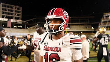 Nov 9, 2024; Nashville, Tennessee, USA;  South Carolina Gamecocks quarterback LaNorris Sellers (16) during the post game on the field against the Vanderbilt Commodores at FirstBank Stadium. Mandatory Credit: Steve Roberts-Imagn Images