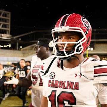 Nov 9, 2024; Nashville, Tennessee, USA;  South Carolina Gamecocks quarterback LaNorris Sellers (16) during the post game on the field against the Vanderbilt Commodores at FirstBank Stadium. Mandatory Credit: Steve Roberts-Imagn Images