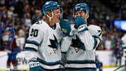 Mar 6, 2025; Denver, Colorado, USA; San Jose Sharks left wing Fabian Zetterlund (20) and left wing William Eklund (72) before the game against the Colorado Avalanche at Ball Arena. Mandatory Credit: Isaiah J. Downing-Imagn Images