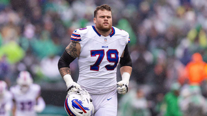 Nov 26, 2023; Philadelphia, Pennsylvania, USA; Buffalo Bills offensive tackle Spencer Brown (79) takes the field for a game against the Philadelphia Eagles at Lincoln Financial Field. Mandatory Credit: Bill Streicher-USA TODAY Sports