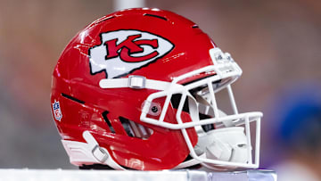 Detailed view of a Kansas City Chiefs helmet during a preseason NFL game at State Farm Stadium.