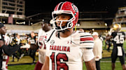 Nov 9, 2024; Nashville, Tennessee, USA;  South Carolina Gamecocks quarterback LaNorris Sellers (16) during the post game on the field against the Vanderbilt Commodores at FirstBank Stadium. Mandatory Credit: Steve Roberts-Imagn Images