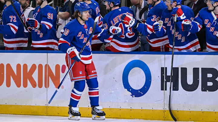 Jan 21, 2025; New York, New York, USA;  New York Rangers left wing Artemi Panarin (10) celebrates his goal against the Ottawa Senators during the third period at Madison Square Garden. Mandatory Credit: Dennis Schneidler-Imagn Images