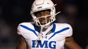 IMG's Gavin Nix (6) tries to quiet the crowd after he was called for roughing the Lipscomb passer at Lipscomb's Reese Smith Football Field in Nashville, Tenn., Friday night, Aug. 18, 2023. IMG went on to win the game 35-10.