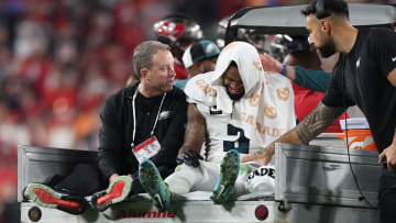 Jan 15, 2024; Tampa, Florida, USA; Philadelphia Eagles cornerback Darius Slay (2) is carted off the field after an injury against the Tampa Bay Buccaneers during the second half of a 2024 NFC wild card game at Raymond James Stadium.  