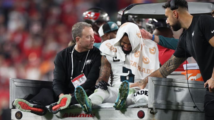 Jan 15, 2024; Tampa, Florida, USA; Philadelphia Eagles cornerback Darius Slay (2) is carted off the field after an injury against the Tampa Bay Buccaneers during the second half of a 2024 NFC wild card game at Raymond James Stadium.  