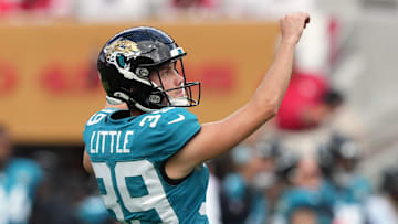 Sep 28, 2025; Santa Clara, California, USA; Jacksonville Jaguars kicker Cam Little (39) follows through after kicking an extra point against the San Francisco 49ers during the second quarter at Levi's Stadium. Mandatory Credit: Darren Yamashita-Imagn Images