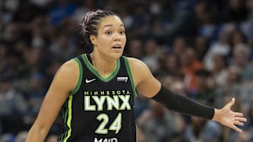 Sep 21, 2025; Minneapolis, Minnesota, USA; Minnesota Lynx forward Napheesa Collier (24) dribbles the ball against the Phoenix Mercury in the first half during game one of the second round for the 2025 WNBA Playoffs at Target Center. Mandatory Credit: Jesse Johnson-Imagn Images