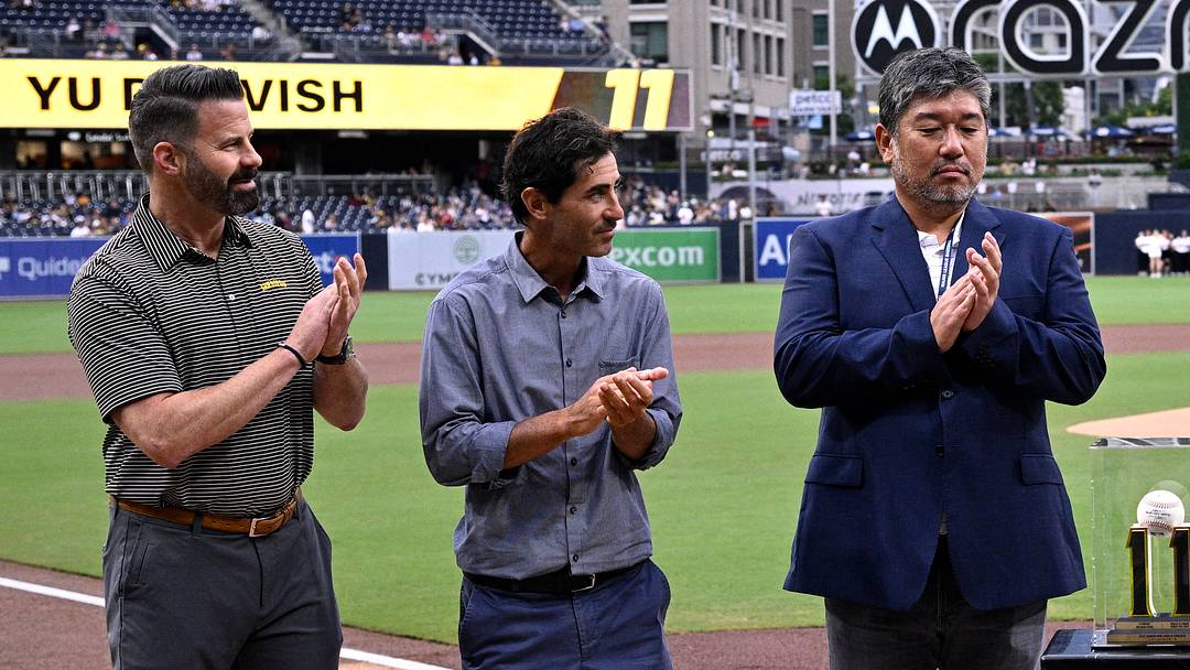 Padres executive Erik Greupner, president of baseball operations AJ Preller and Hideo Nomo prior to a game against the Miami Marlins at Petco Park on Aug. 21, 2023. Mandatory Credit: Orlando Ramirez-USA TODAY Sports