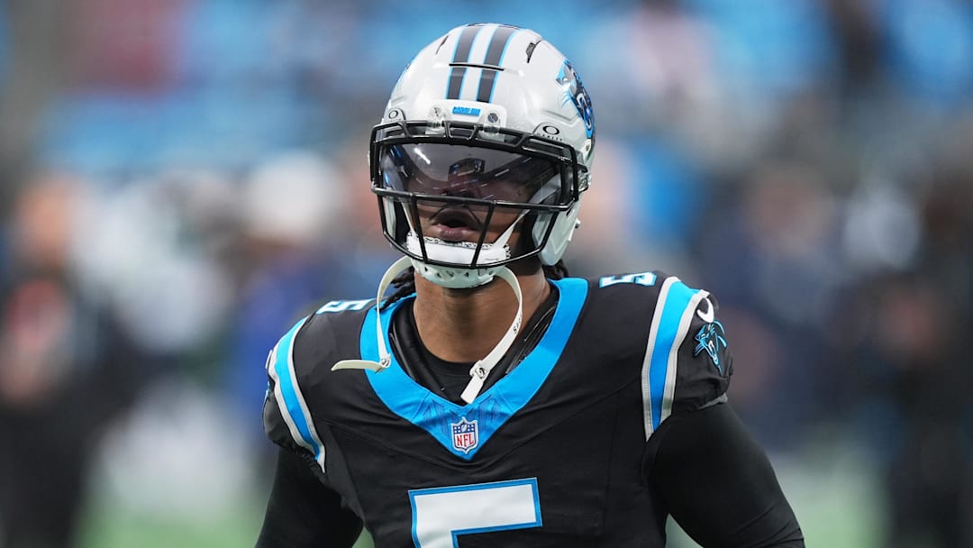 Dec 28, 2025; Charlotte, North Carolina, USA; Carolina Panthers running back Rico Dowdle (5) warms up before the game against the Seattle Seahawks at Bank of America Stadium. Mandatory Credit: Jim Dedmon-Imagn Images
