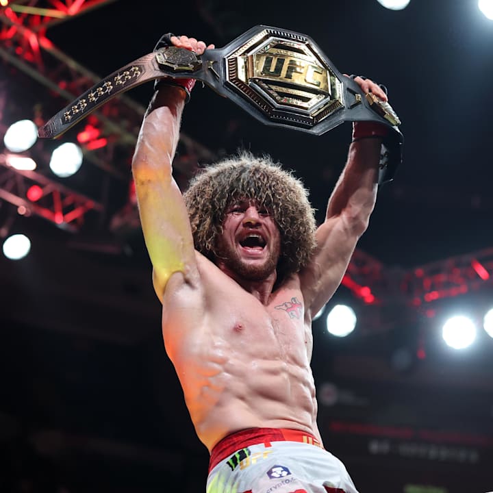 Merab Dvalishvili reacts after defeating Sean O’Malley in a bantamweight title fight during UFC 316 