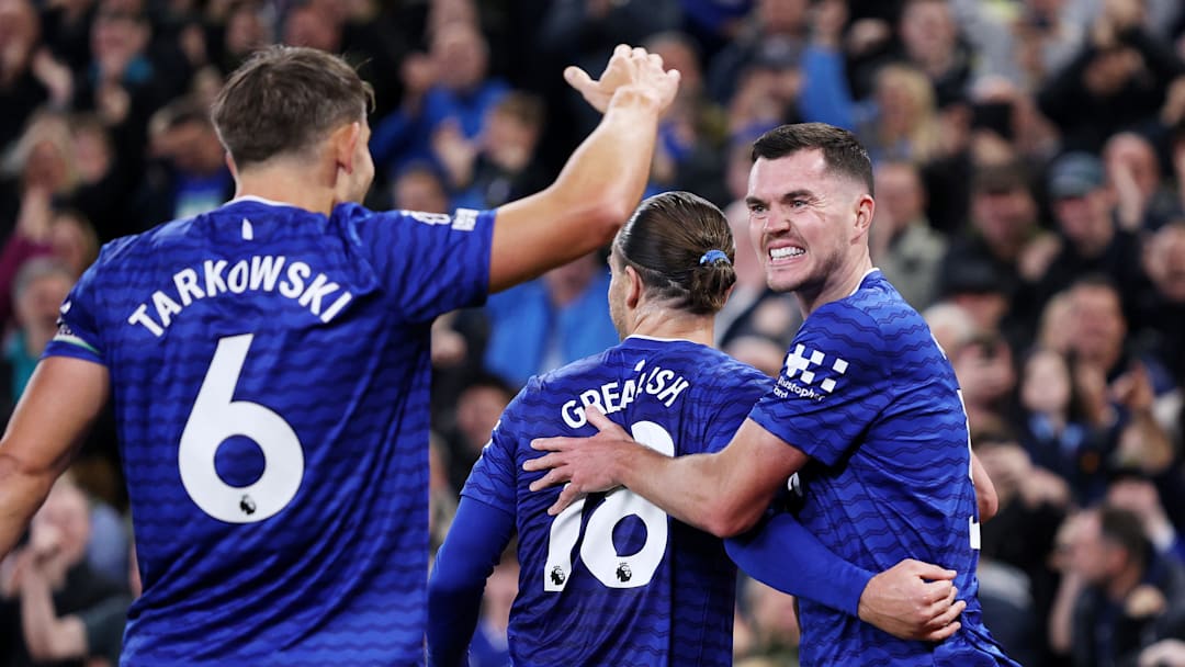 James Tarkowski, Jack Grealish & Michael Keane celebrate a goal at home to West Ham United. (Sep 29 2025)