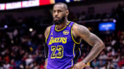 Nov 16, 2024; New Orleans, Louisiana, USA;  Los Angeles Lakers forward LeBron James (23) looks on against the New Orleans Pelicans during the first half at Smoothie King Center. Mandatory Credit: Stephen Lew-Imagn Images