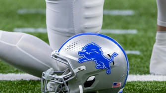 Dec 3, 2023; New Orleans, Louisiana, USA; Detailed view of the Detroit Lions helmet during warmups.