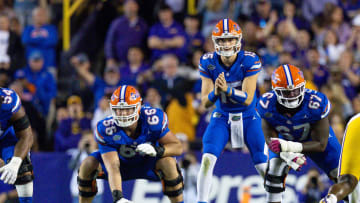 Nov 11, 2023; Baton Rouge, Louisiana, USA;  Florida Gators quarterback Graham Mertz (15) calls form the ball against the LSU Tigers during the first half at Tiger Stadium. Mandatory Credit: Stephen Lew-USA TODAY Sports